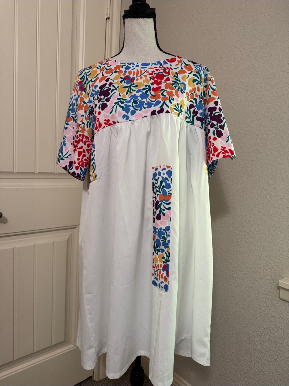 MISSLOOK White Dress with Multicolor Floral Yoke and Sleeve Accents